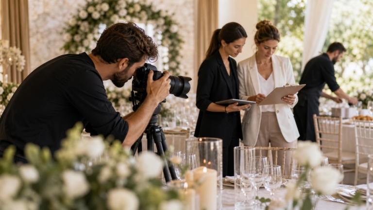 Fotografo e coordinatrici eventi al lavoro durante l’allestimento di un ricevimento elegante